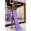 Robe de bal longue à bretelles spaghetti, paillettes et perles scintillantes avec fente