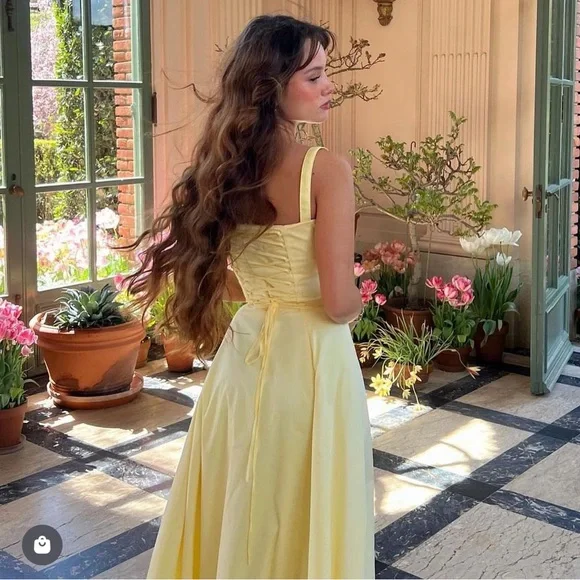 Ravissante robe de bal longue jaune, coupe trapèze, en satin, robe de soirée Y7578