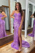 Purple Spaghetti Straps Appliques Prom Dress with Slit