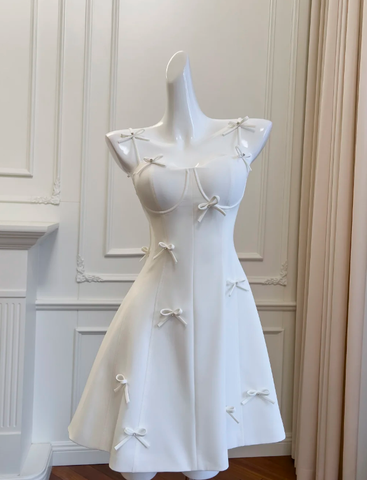 Cute White A Line Satin Homecoming Dress Mini Party Dress With Bow Y8579