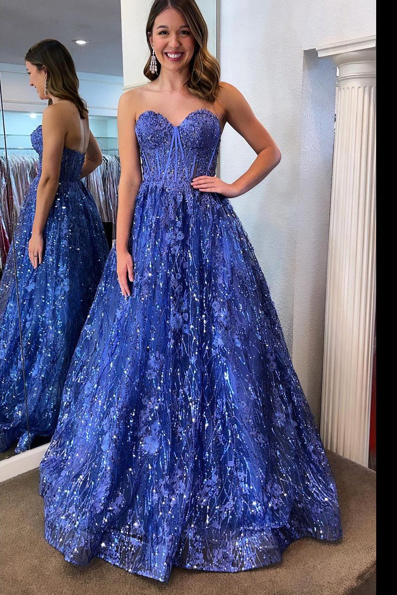 Robes longues en dentelle à sequins bleus à décolleté cœur