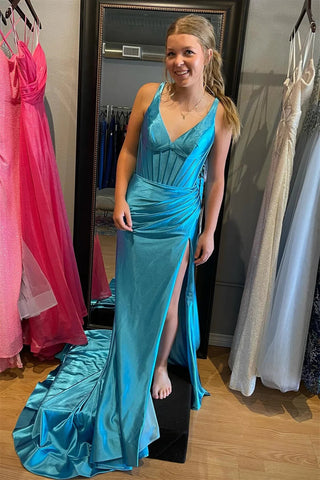 Grape Mermaid Satin V Neck Long Prom Dress with Slit