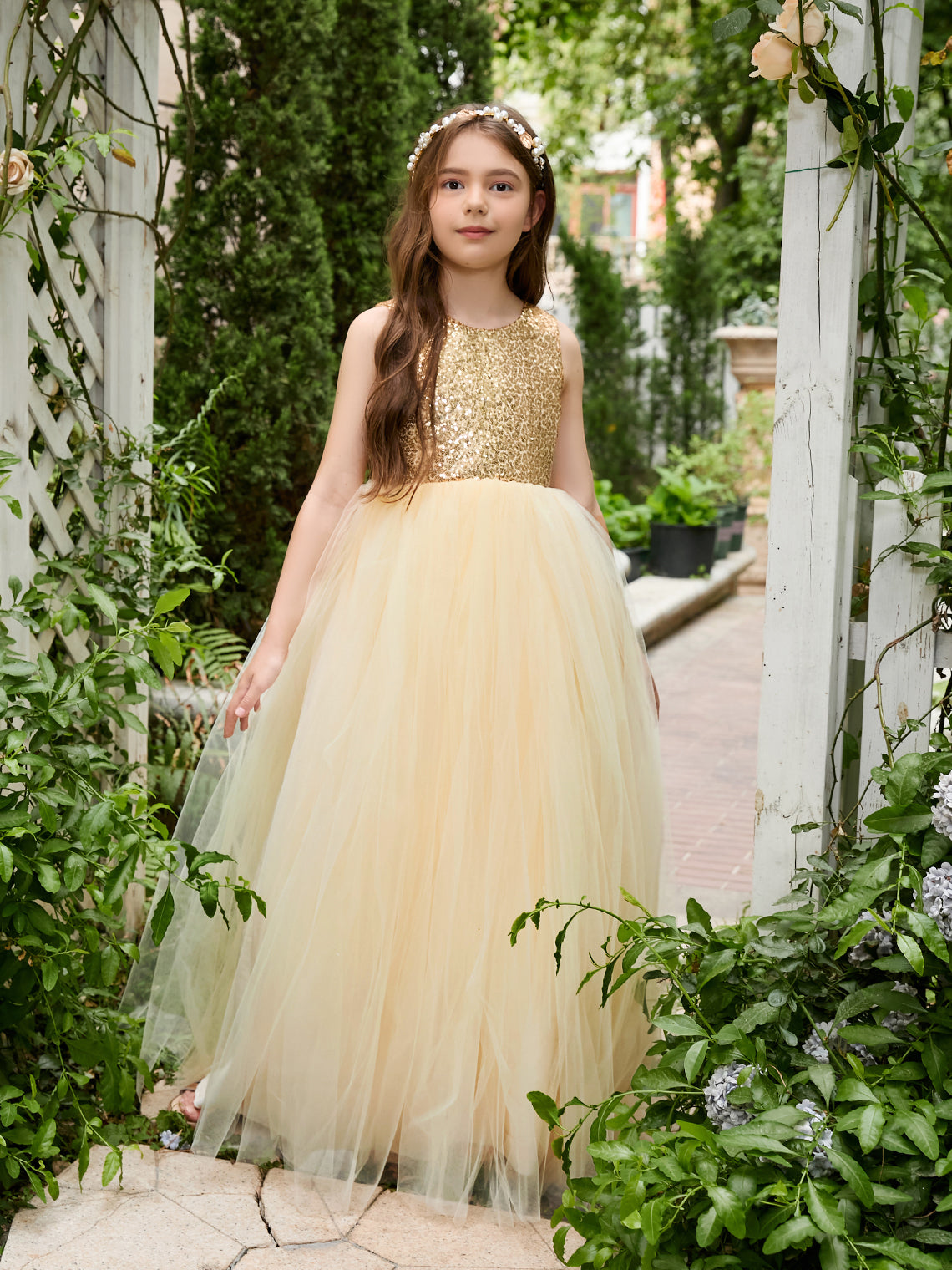 Vestido de princesa/de princesa de tul hasta el suelo para niña de las flores, color champán 