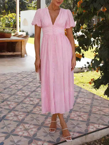 Vestido largo de manga abullonada, cuello en V y bajo extragrande 