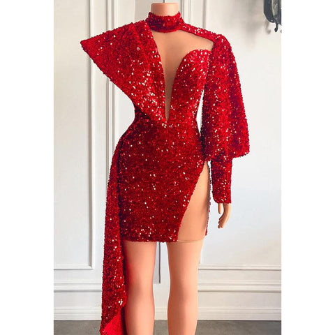 Plunging V-neck Sequins Long Sleeves Prom Dress