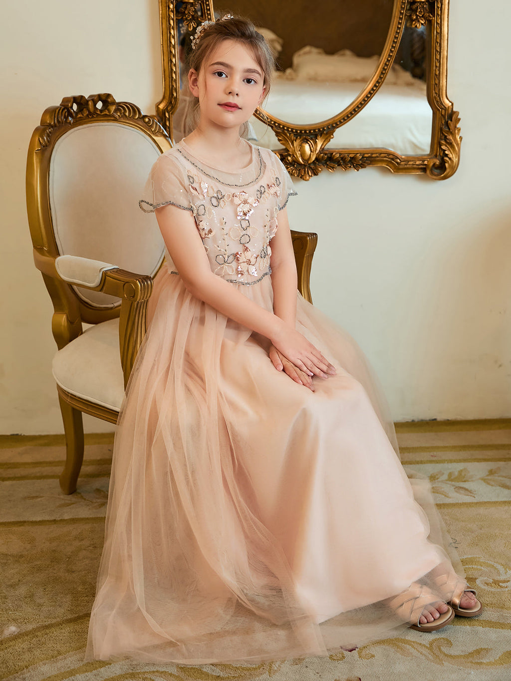 Vestido rosa de niña de las flores, corte en A, de gasa y largo hasta el suelo 