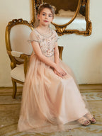 Vestido rosa de niña de las flores, corte en A, de gasa y largo hasta el suelo 