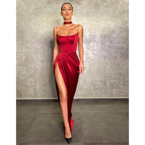 Unique Scoop Side Slit Red Long Prom Formal Dress