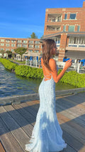 Vestido de noche largo de sirena azul bebé de encaje con tirantes finos Y1733