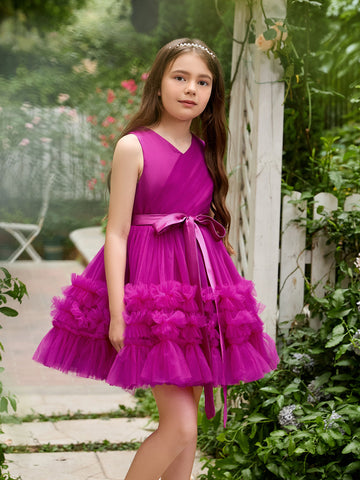 Vestido de niña de las flores de tul sin mangas color fucsia princesa con volantes (010225236) 