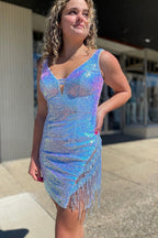Seeing Sparkles Bodycon V Neck Blue Sequins Short Homecoming Dress with Tassel