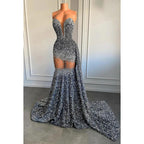 Robe de soirée sirène sexy et tendance, col en V, sans manches, à volants, entièrement pailletée