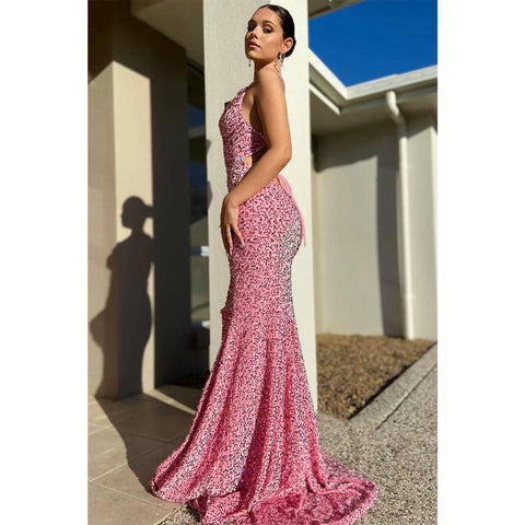 Robe de bal sirène scintillante à bretelles spaghetti et paillettes 