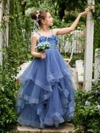 Vestido de niña de las flores de tul sin mangas, corte princesa, azul pizarra, corte en A, estilo princesa 