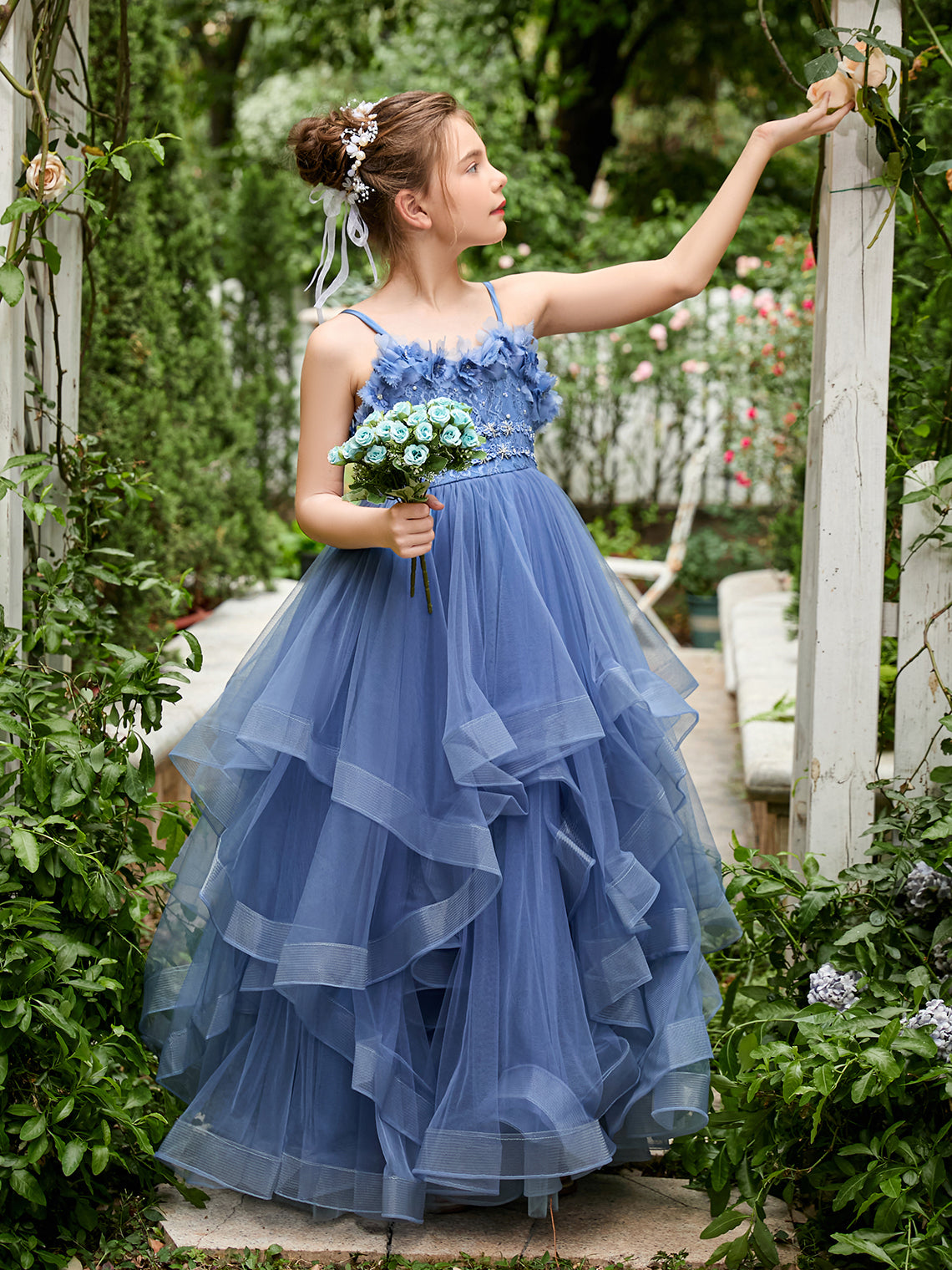 Vestido de niña de las flores de tul sin mangas, corte princesa, azul pizarra, corte en A, estilo princesa 