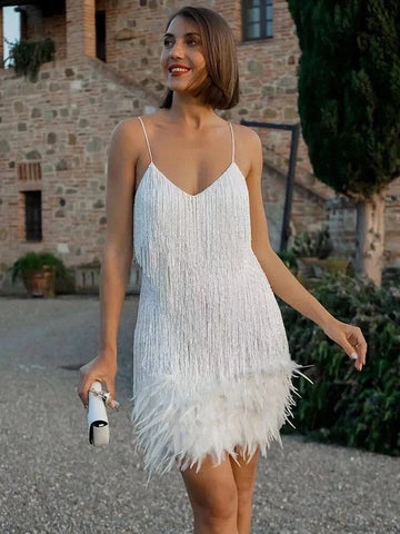 Taruxy Tassel Sequins Dress Women Elegant Feather Spaghetti Straps Mini Dresses Summer Sexy Party Club Evening Dresses Vestidos