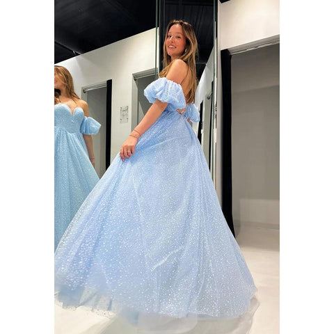 Glamorous & Dramatic A-Line Off-Shoulder Cap Sleeves Side Slit Sparkly Prom Dress