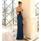 Vestido de fiesta largo de sirena con pliegues y escote en V sexy y abertura 
