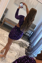 Vestido de fiesta ajustado con lentejuelas, escote en la cintura, un solo hombro y mangas, con lentejuelas.