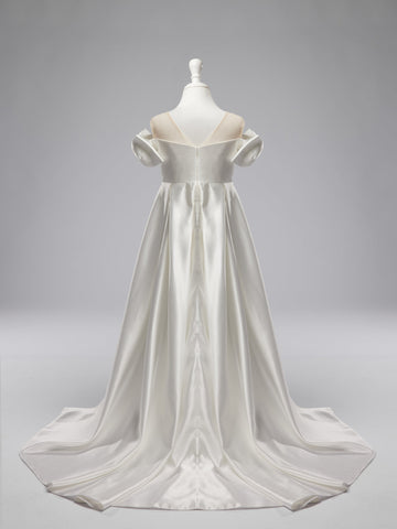 Vestido de niña de las flores color marfil con cola de satén 