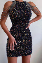 Robe cocktail mini à sequins et franges sur les épaules, vue glamour 