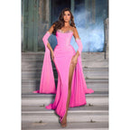 Robe de soirée longue en satin froncé à perles et décolleté en cœur avec fente