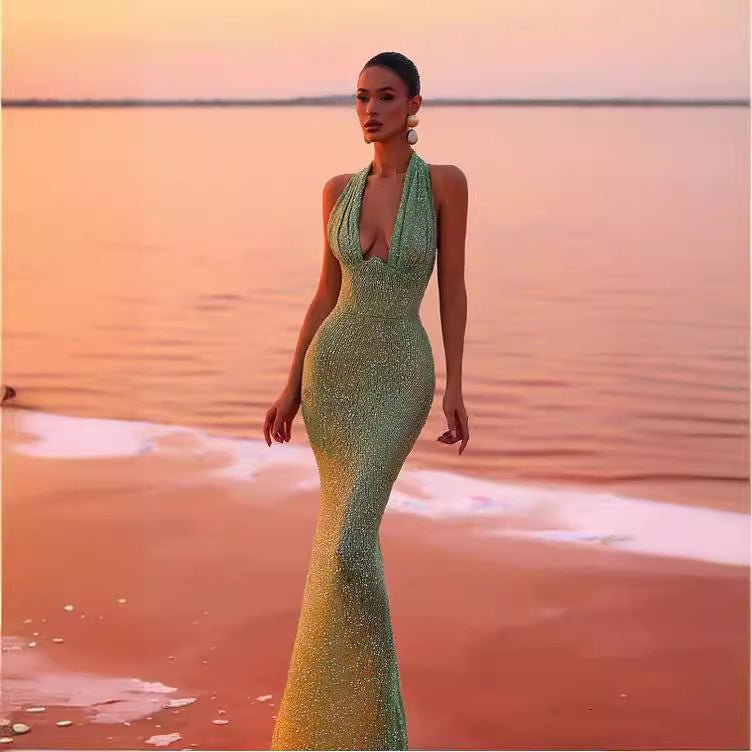 Sleeveless Halter Deep V Sequin Prom Dress