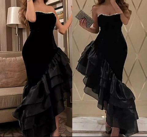 Vestido de noche negro de sirena con volantes, sexy y sin tirantes, ideal para fiestas de graduación o eventos formales (Y7697)