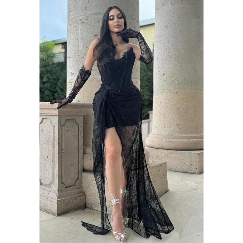 Robe de soirée sexy et tendance en dentelle brodée avec des appliques, col en V, sans manches