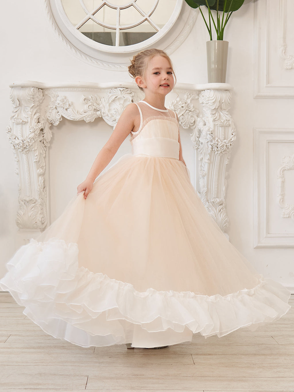 Vestido rosa de corte A, largo hasta el suelo, de tul y organza (010226975) 