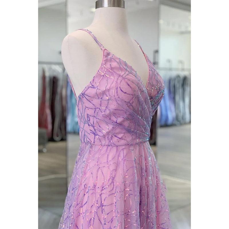 Vestido de fiesta morado con lentejuelas, encaje, escote en V y corte A con purpurina 