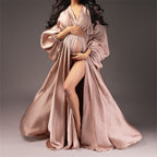 Vestido de maternidad de manga larga abullonada con escote en V, estilo retrato.