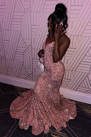 Robe de bal longue sirène à sequins fuchsia