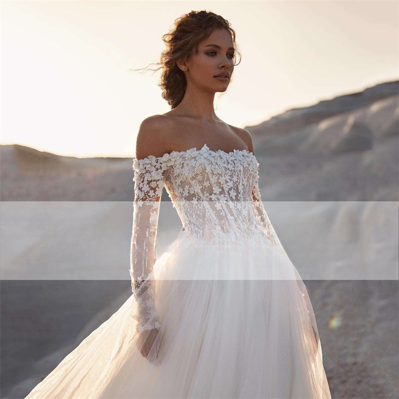 Vestido de novia elegante de corte A 2023 para mujer, de encaje, con espalda descubierta, sin tirantes, manga larga desmontable y cola de barrido. 