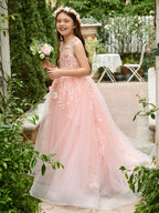 Vestido de princesa rosa para niñas con apliques de encaje 