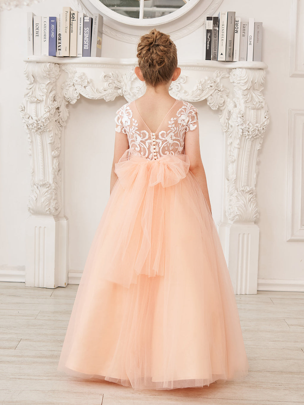 Vestido rosa de niña de las flores, corte en A, encaje, tul y cola corta 