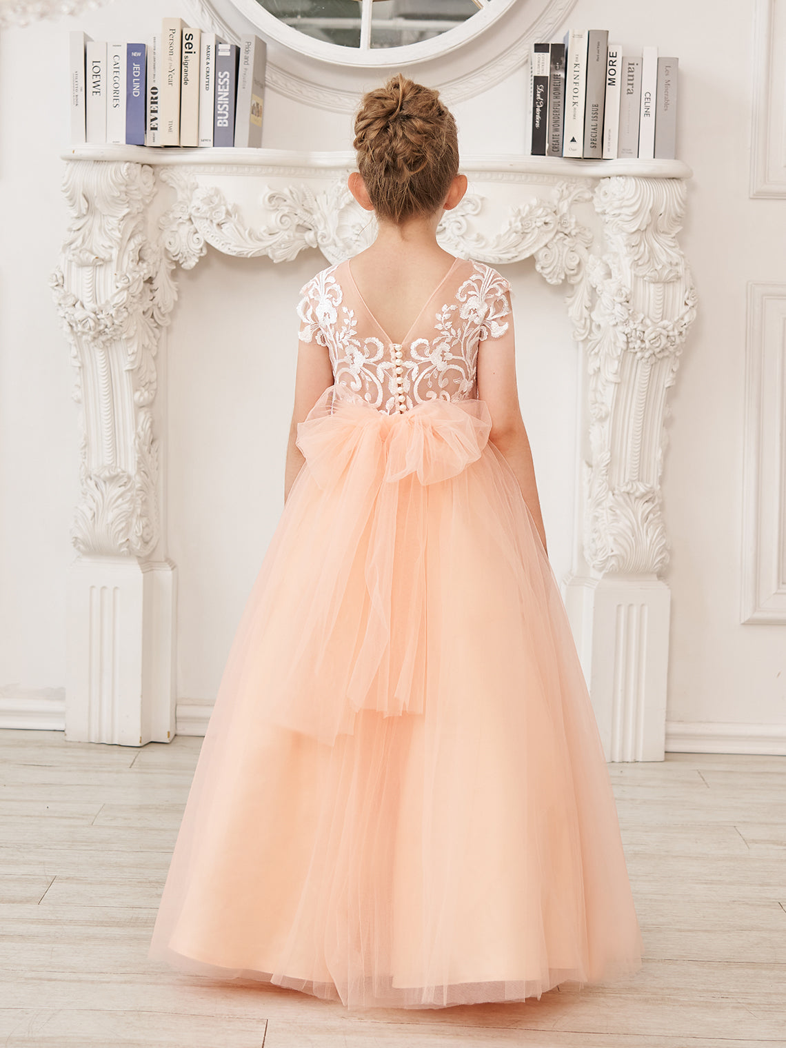 Vestido rosa de niña de las flores, corte en A, encaje, tul y cola corta 