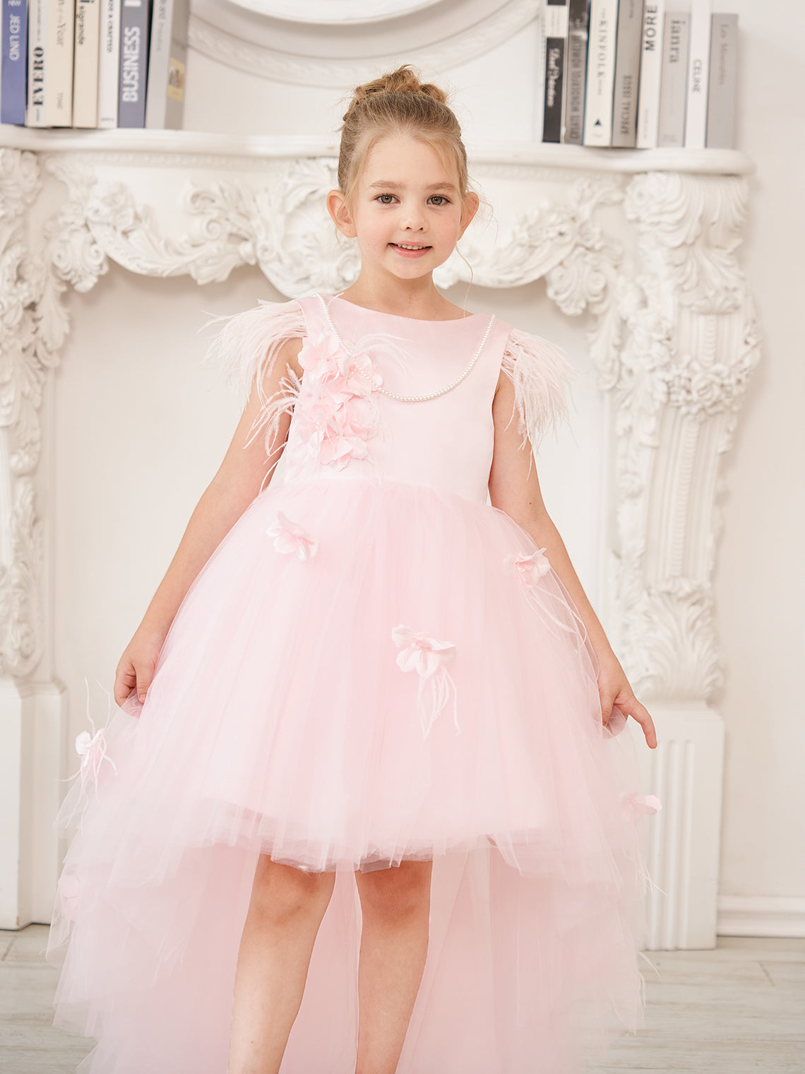 Vestido de niña de las flores de tul sin mangas estilo princesa con cuentas y lazo de plumas (010224704) 