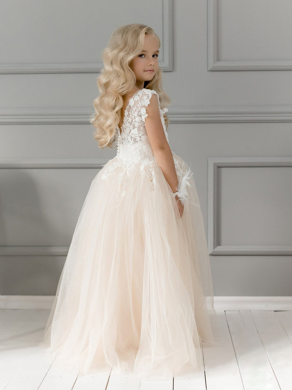 Robe de bal champagne brillante sans manches pour demoiselles d'honneur avec dentelle