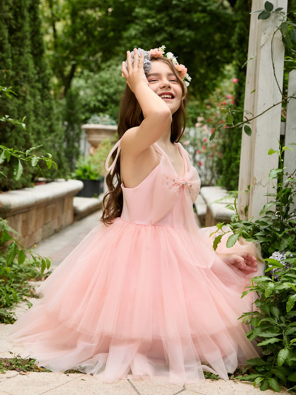 Vestido rosa perla de corte A y largo hasta la rodilla de tul (2003224887) 
