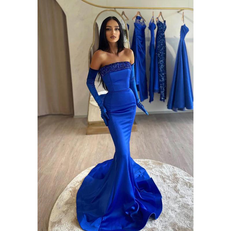 Vestido largo de noche de sirena sin tirantes, sin mangas, con lentejuelas y cuentas, de satén.