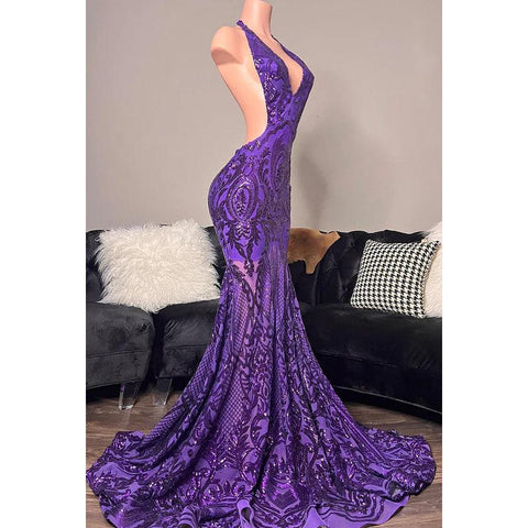 Robe de bal sirène/trompette à col en V et paillettes, dos nu, sans manches