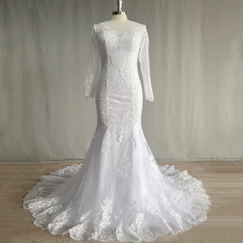 Precioso vestido de novia de sirena de encaje de manga larga, con tul, cola catedral, escote en V, apliques y espalda abotonada. 