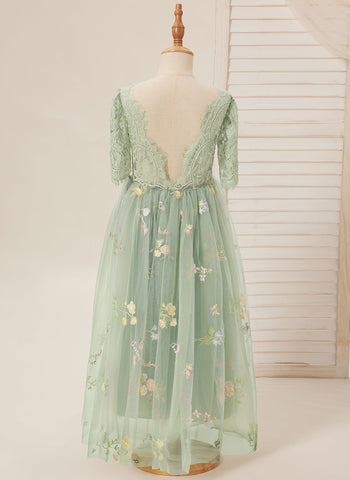 Vestido de niña de las flores color salvia con escote redondo, superficie de tela y tul (2003227581) 