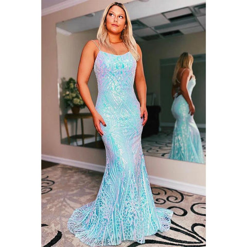 Robe de bal longue à bretelles spaghetti et appliques en dentelle 