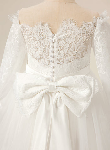 Vestido largo de tul y encaje color marfil, corte en A (2003227154) 