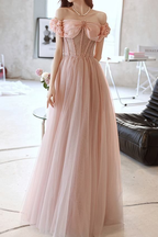 Vestido de princesa rosa de tul con cuentas, estilo princesa, con hombros descubiertos, vestido de noche Y7584