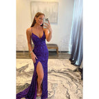 Sheath/Column Straps Sequined Split Backless Sleeveless Prom Dress