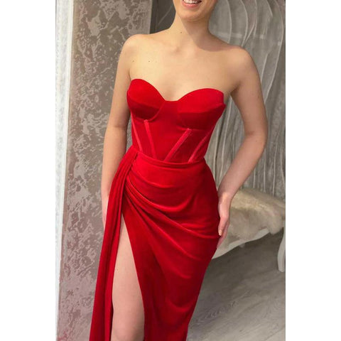 Vestido de noche largo de fiesta de terciopelo fruncido sin tirantes y escote corazón