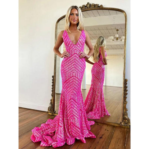 Robe de bal sirène sexy à paillettes et col en V 